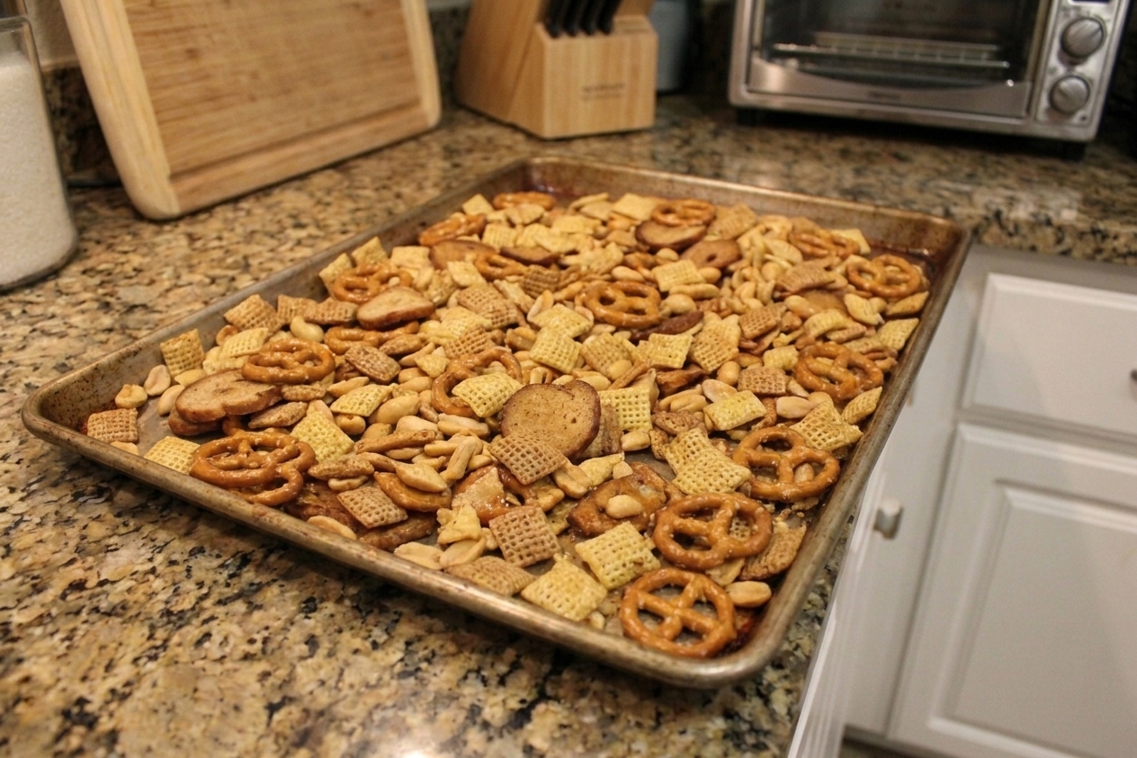 A large sheet pan filled with golden, oven-toasted Chex Mix with cereal squares, pretzels, and bagel chips on a warm kitchen counter