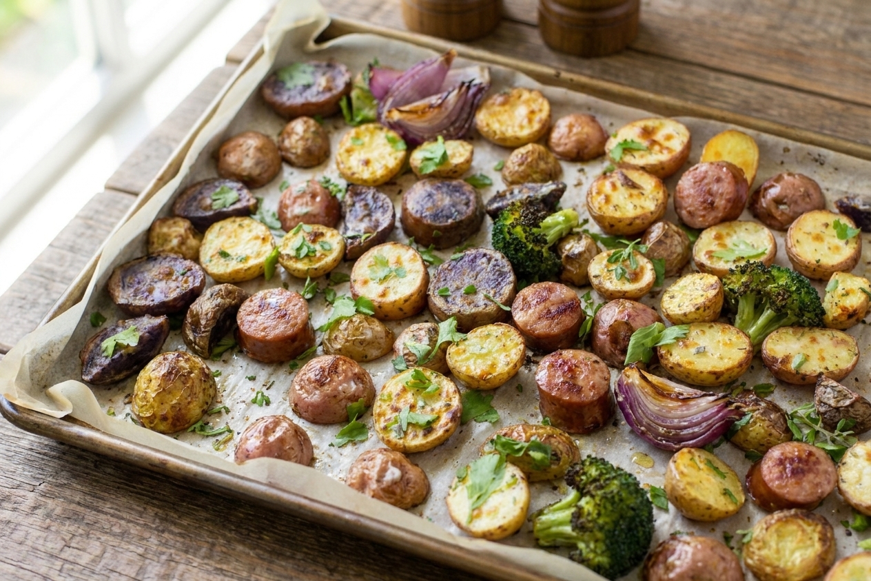 A large sheet pan of roasted sliced sausage, browned baby potatoes, broccoli florets, and red onion wedges with crisp edges on a parchment-lined tray in a warm home kitchen