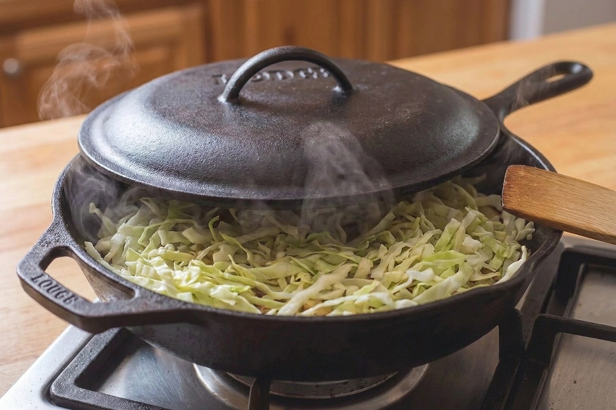 A large skillet covered with a lid while cabbage steams inside on a stovetop