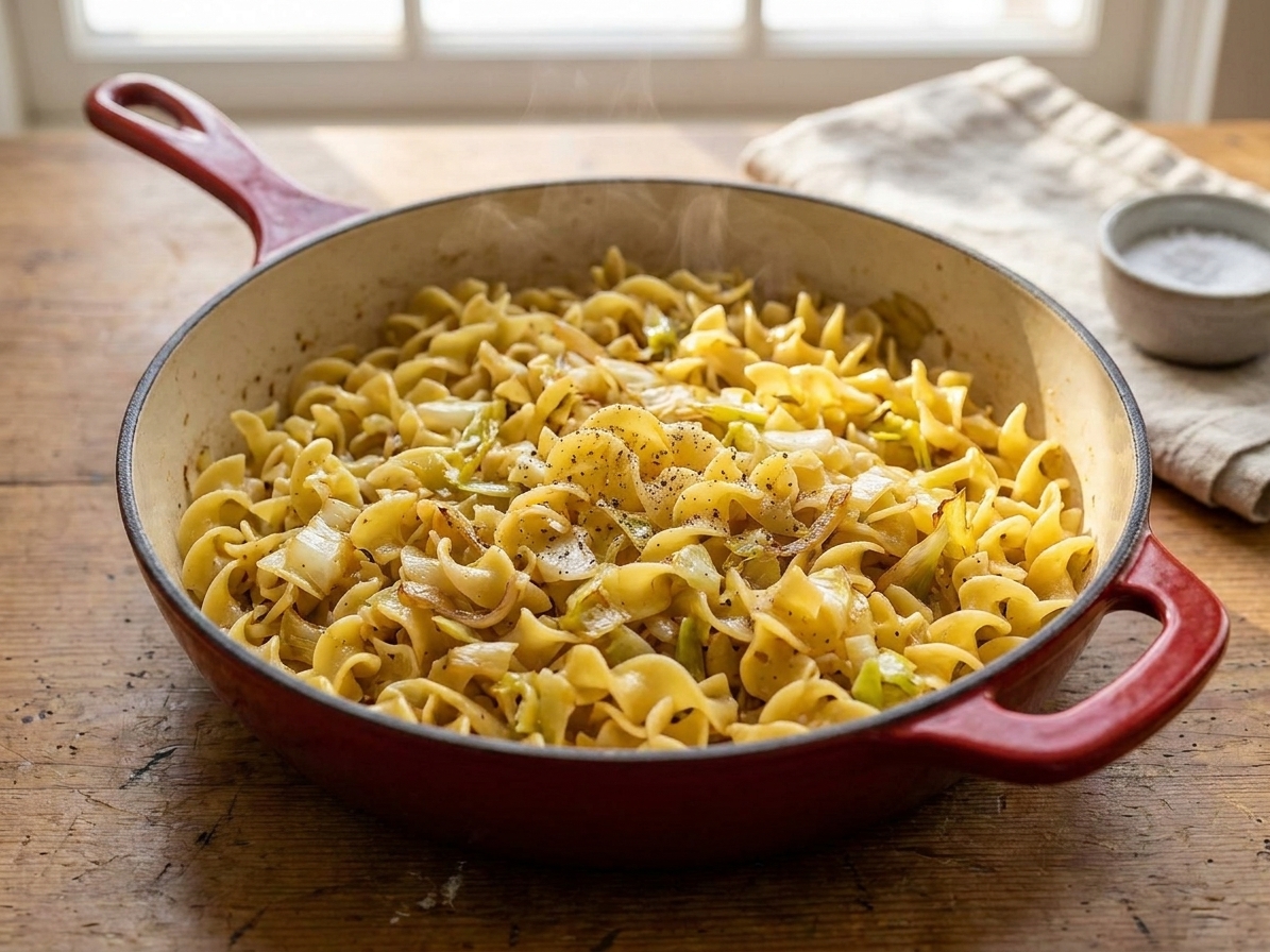 A large skillet filled with buttery egg noodles and browned cabbage, finished with cracked black pepper on a wooden kitchen table in warm natural light
