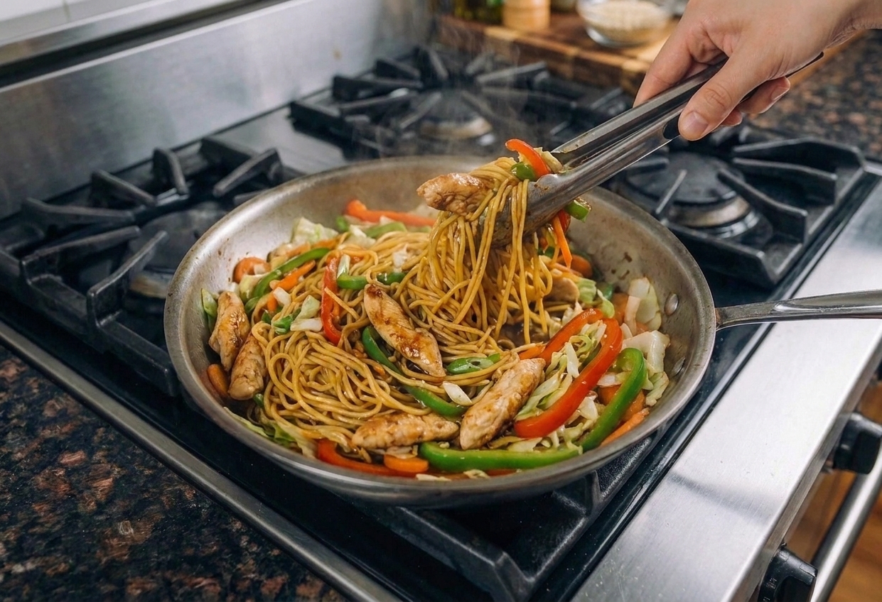 A large skillet filled with glossy lo mein noodles tossed with chicken, bell peppers, and scallions, ready to serve