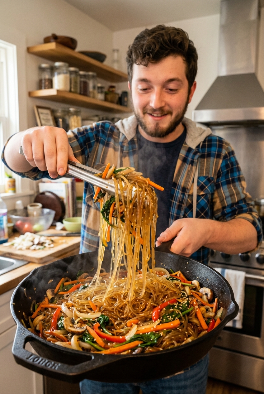 A large skillet filled with japchae being tossed with tongs, showing glossy noodles and colorful vegetables