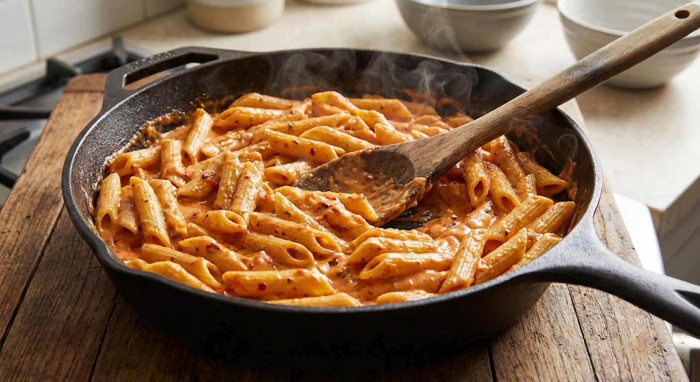 A large skillet filled with penne tossed in creamy roasted red pepper sauce, with a wooden spoon stirring and steam rising, close-up angle, photorealistic food photography