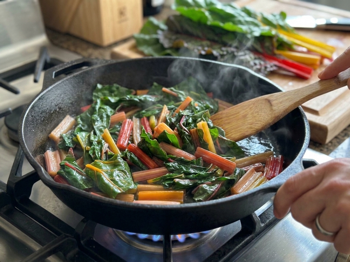 A large skillet filled with wilted Swiss chard leaves and tender stems being tossed with a wooden spoon