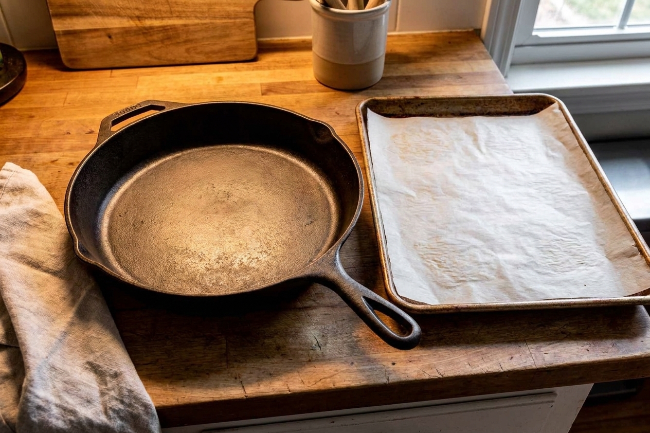A large skillet next to a rimmed baking sheet lined with parchment paper on a home kitchen counter under warm overhead lighting