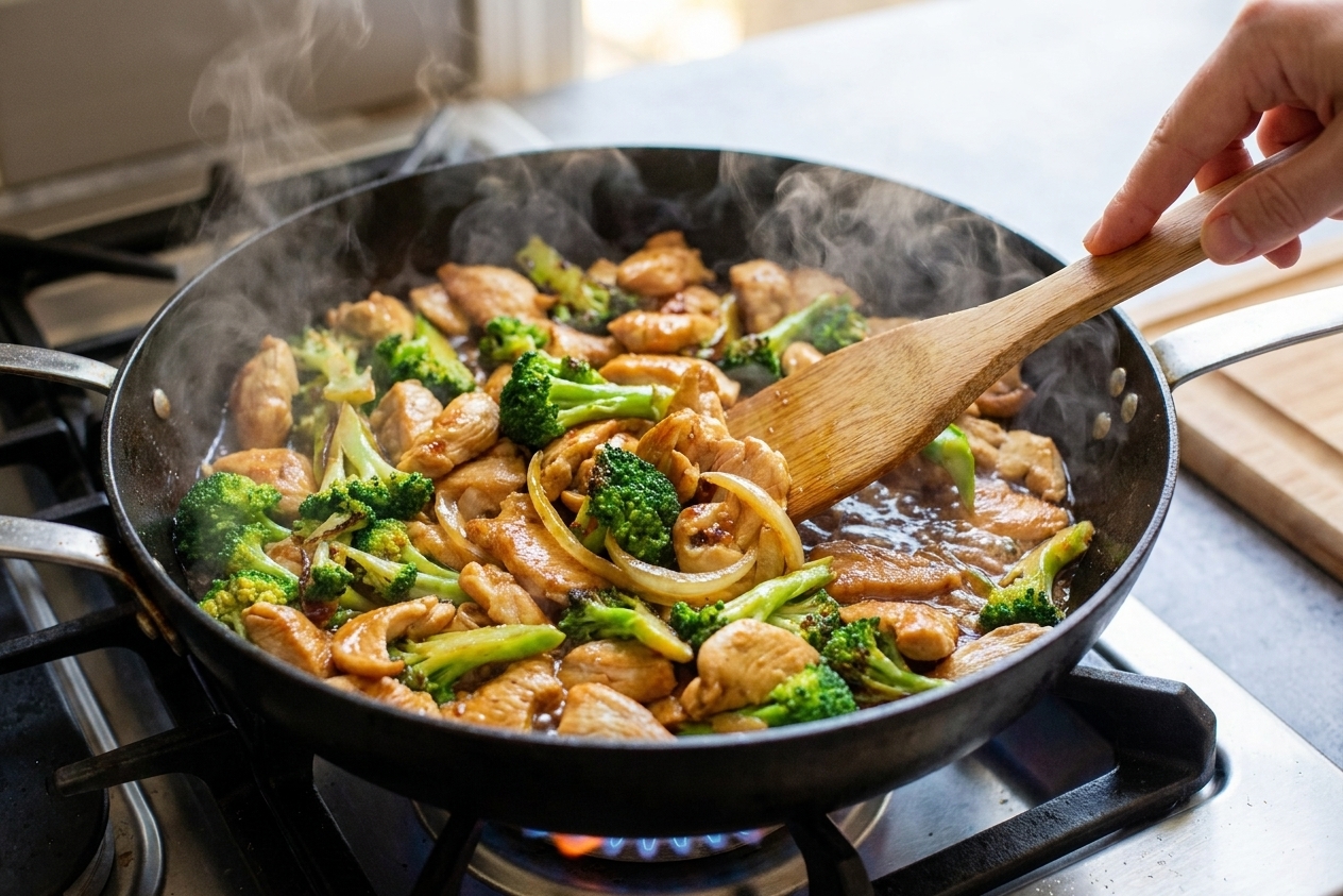 A large skillet on a stove with chicken, broccoli, and onions being stirred as a glossy sauce bubbles, steam rising in a warm home kitchen