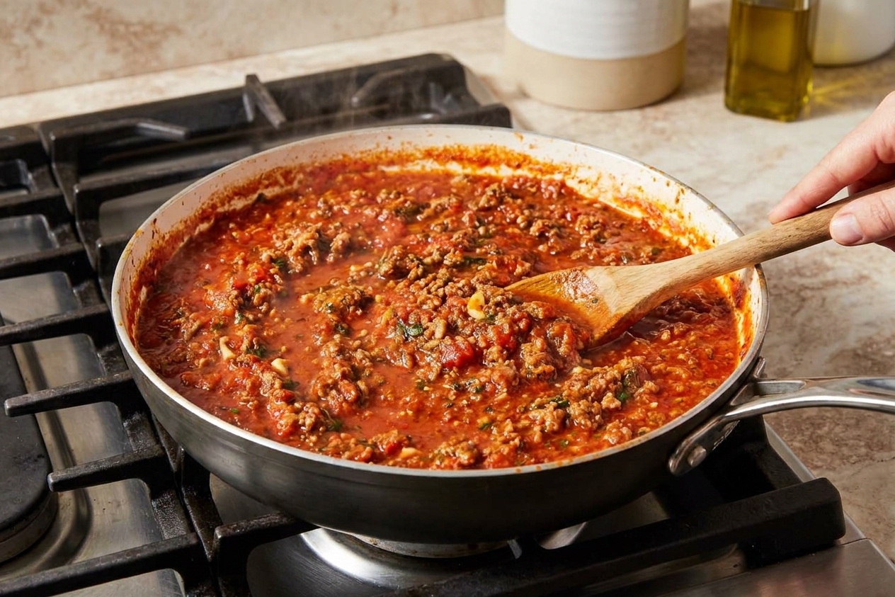 A large skillet on the stove with browned meat sauce simmering, showing a thick marinara texture