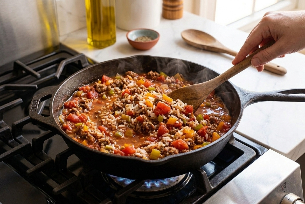 A large skillet with saucy ground beef, tomatoes, and rice being stirred with a wooden spoon on a stovetop
