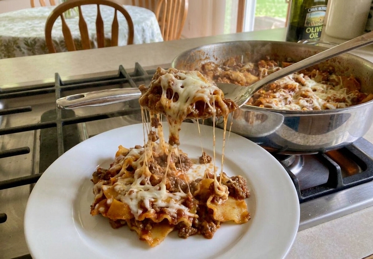 A large spoon scooping a portion of cheesy skillet lasagna from a cast iron skillet onto a plate
