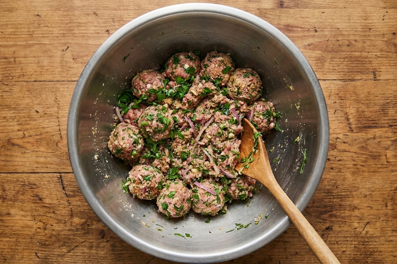 A large stainless steel bowl filled with Greek meatball mixture, with visible herbs and grated onion on a wooden countertop