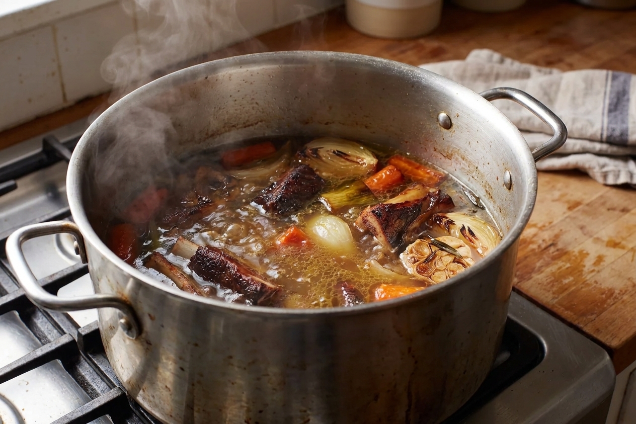 A large stainless steel stockpot gently simmering on a stovetop with bones and vegetables visible under the surface