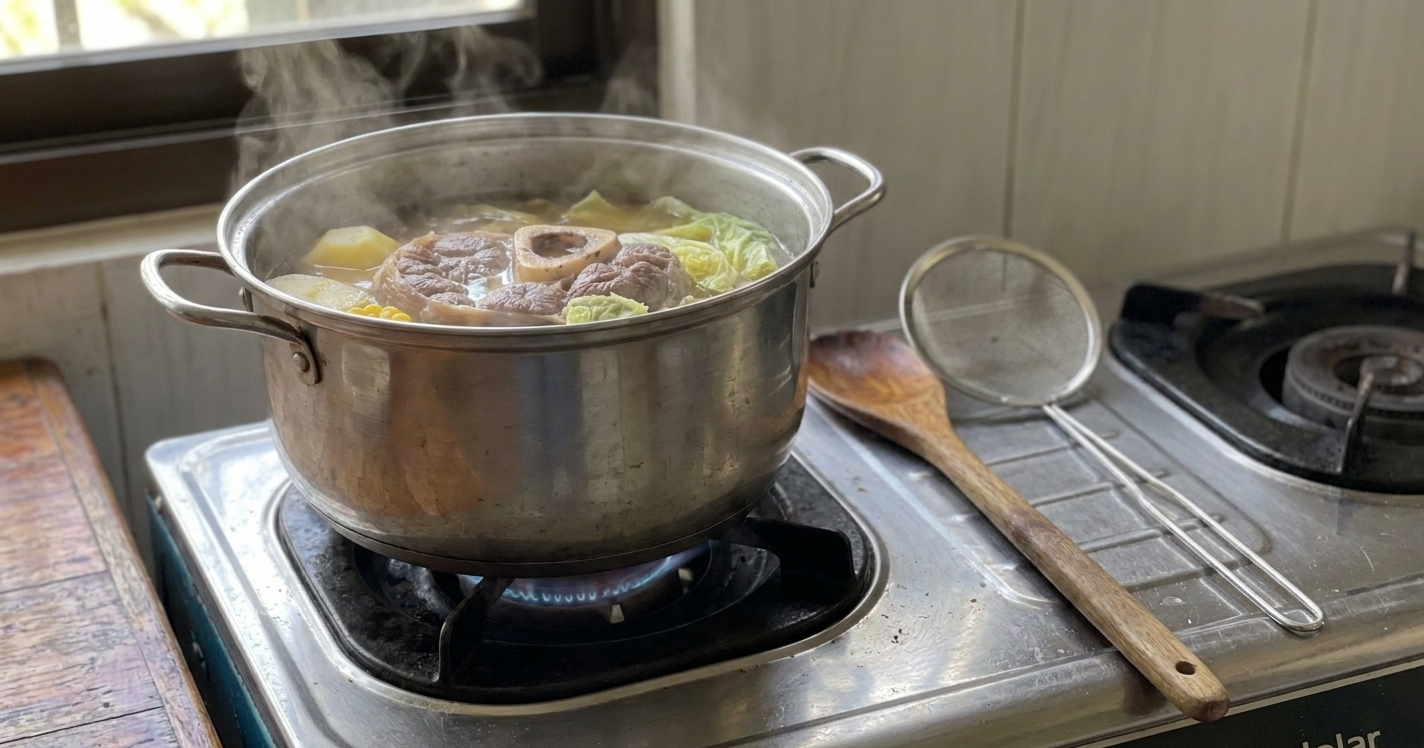 A large stainless steel stockpot on a home stove with a wooden spoon and a fine mesh skimmer resting nearby