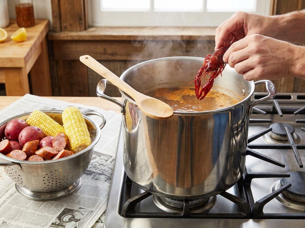 A large stainless steel stockpot on a stovetop next to a colander and long stirring spoon, ready for a seafood boil
