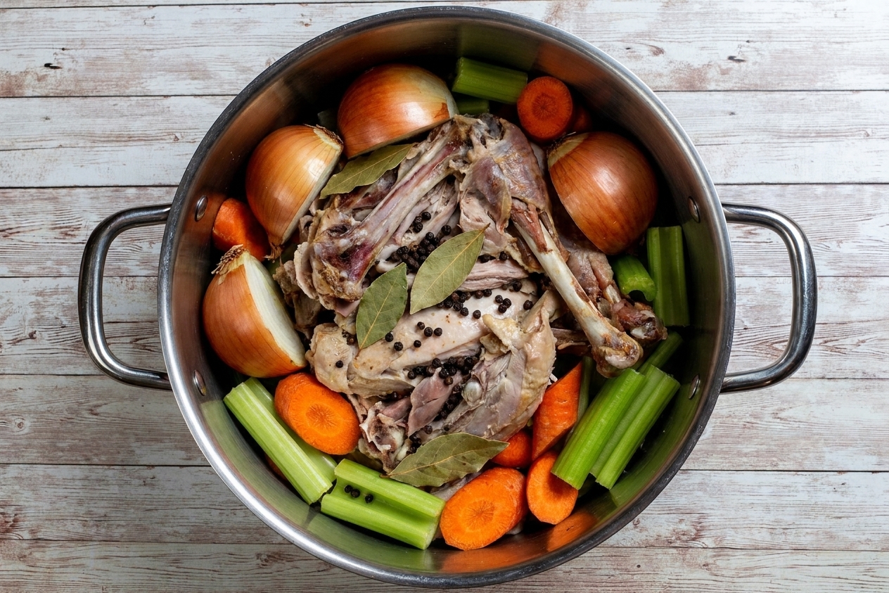 A large stockpot filled with a turkey carcass, onion quarters, carrots, celery, bay leaves, and peppercorns before adding water