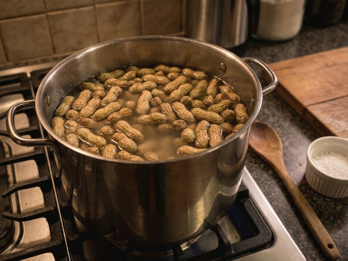 A large stockpot filled with raw green peanuts covered in salted water on a stovetop before cooking