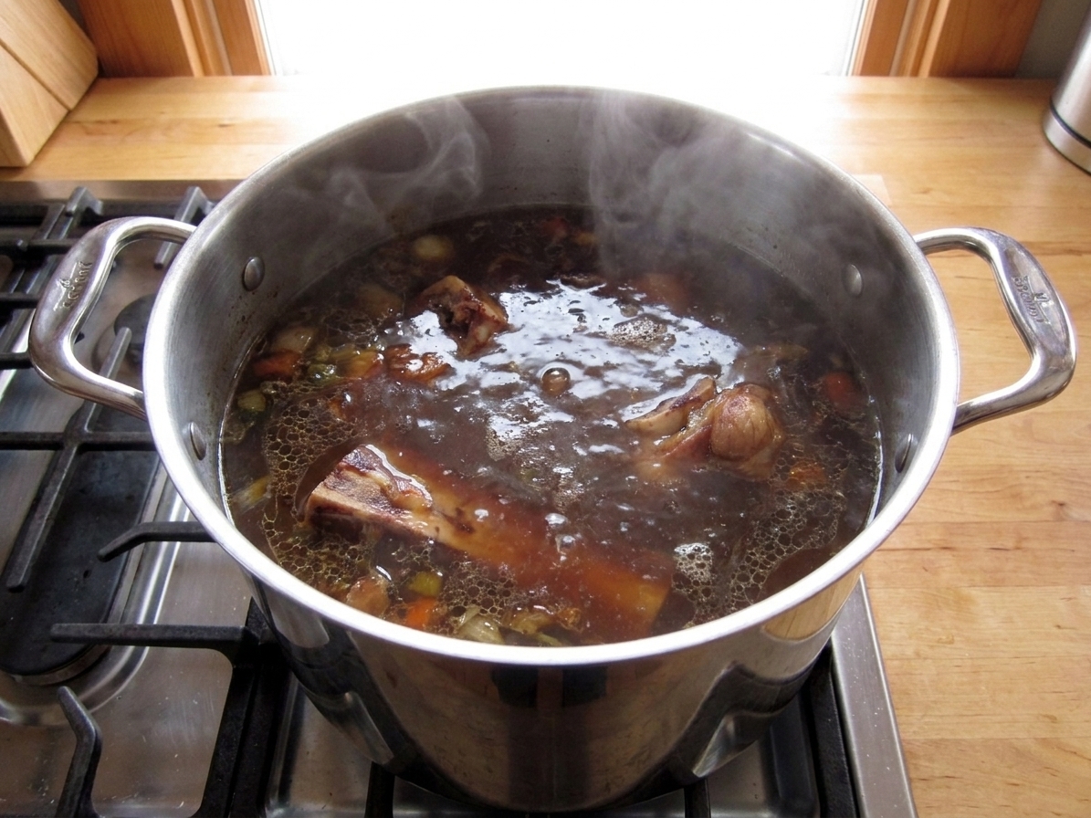 A large stockpot of beef stock gently simmering on a stovetop with a few bones visible below the surface and light steam rising