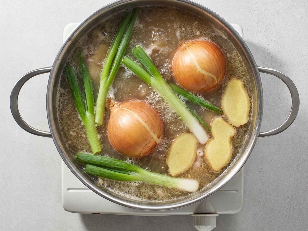 A large stockpot of ramen broth gently simmering with visible scallions, onion halves, and ginger slices