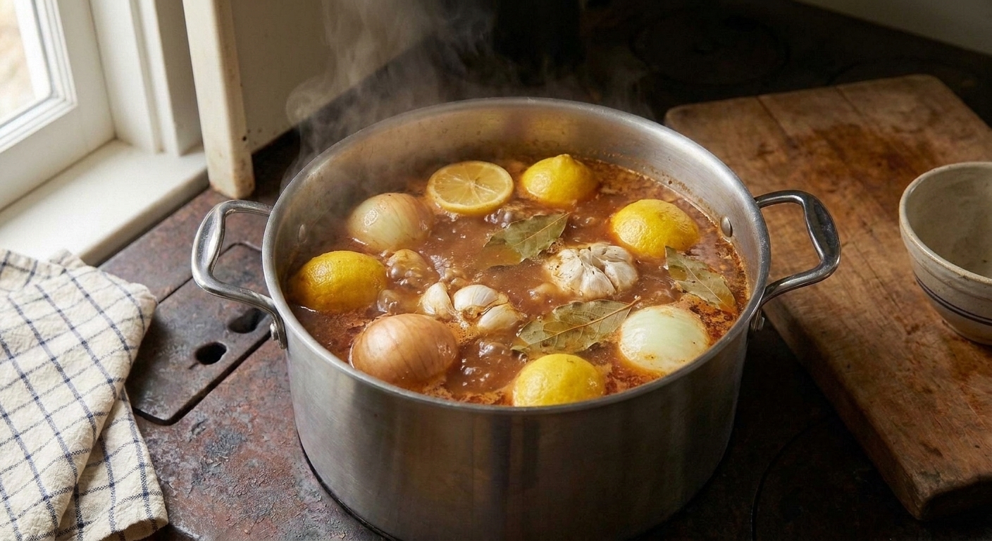 A large stockpot of seasoned seafood boil broth simmering with lemon halves, onion quarters, bay leaves, and garlic floating on the surface
