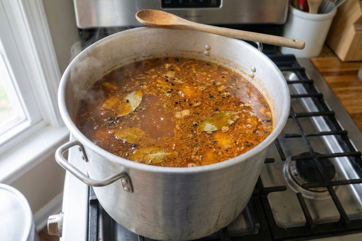 A large stockpot on a home stove with simmering seasoned water, ready for a shrimp boil