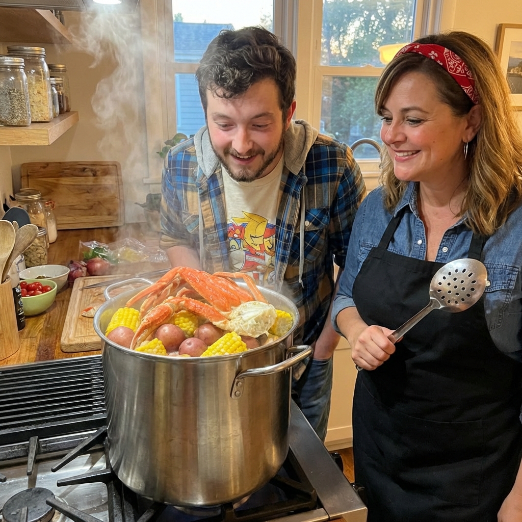 A large stockpot on a stove filled with boiling corn, potatoes, and crab legs with steam rising