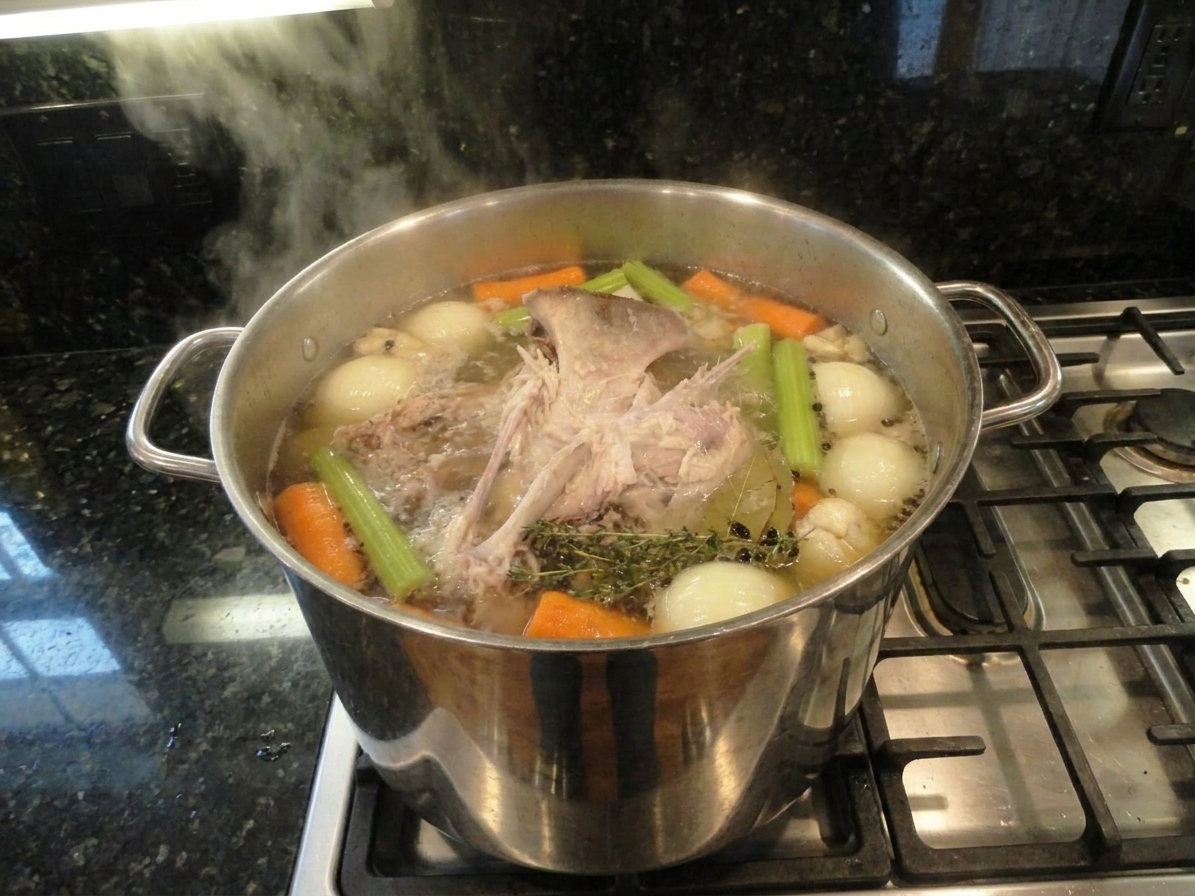 A large stockpot on a stovetop filled with turkey bones, onion, carrots, celery, herbs, and peppercorns in gently simmering water, warm kitchen lighting