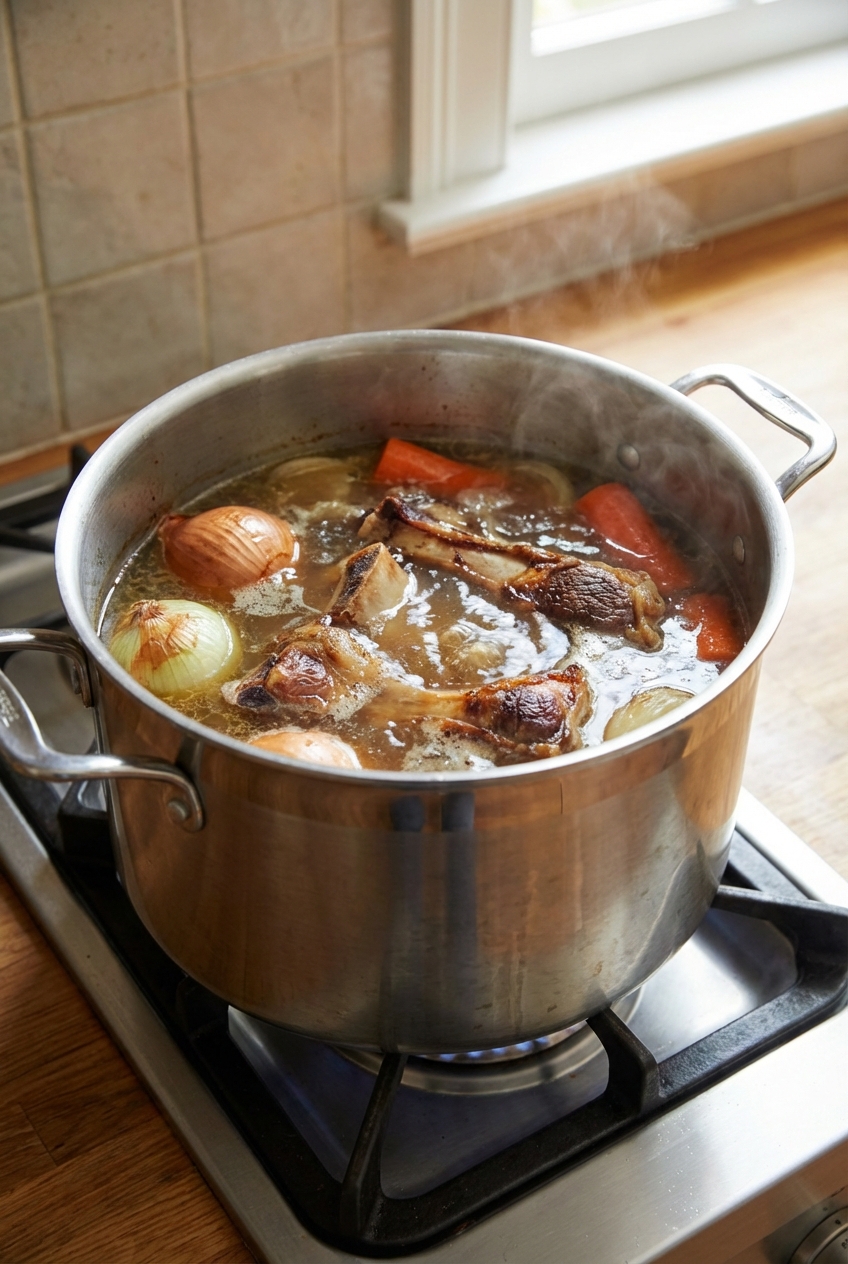 A large stockpot on a stovetop with roasted bones, onion, and carrots covered in water at a gentle simmer