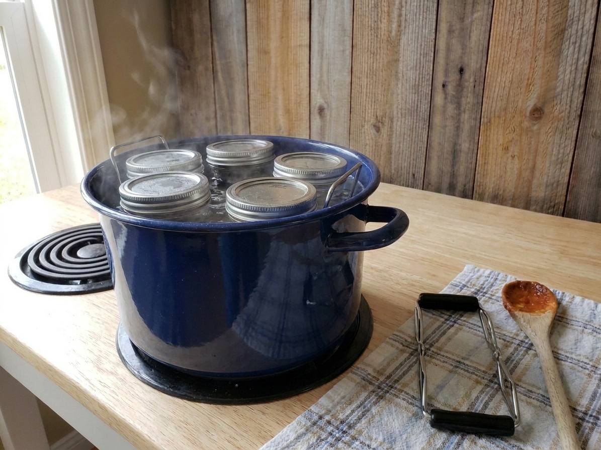A large stockpot set up for water-bath canning with a jar rack inside on a home stove