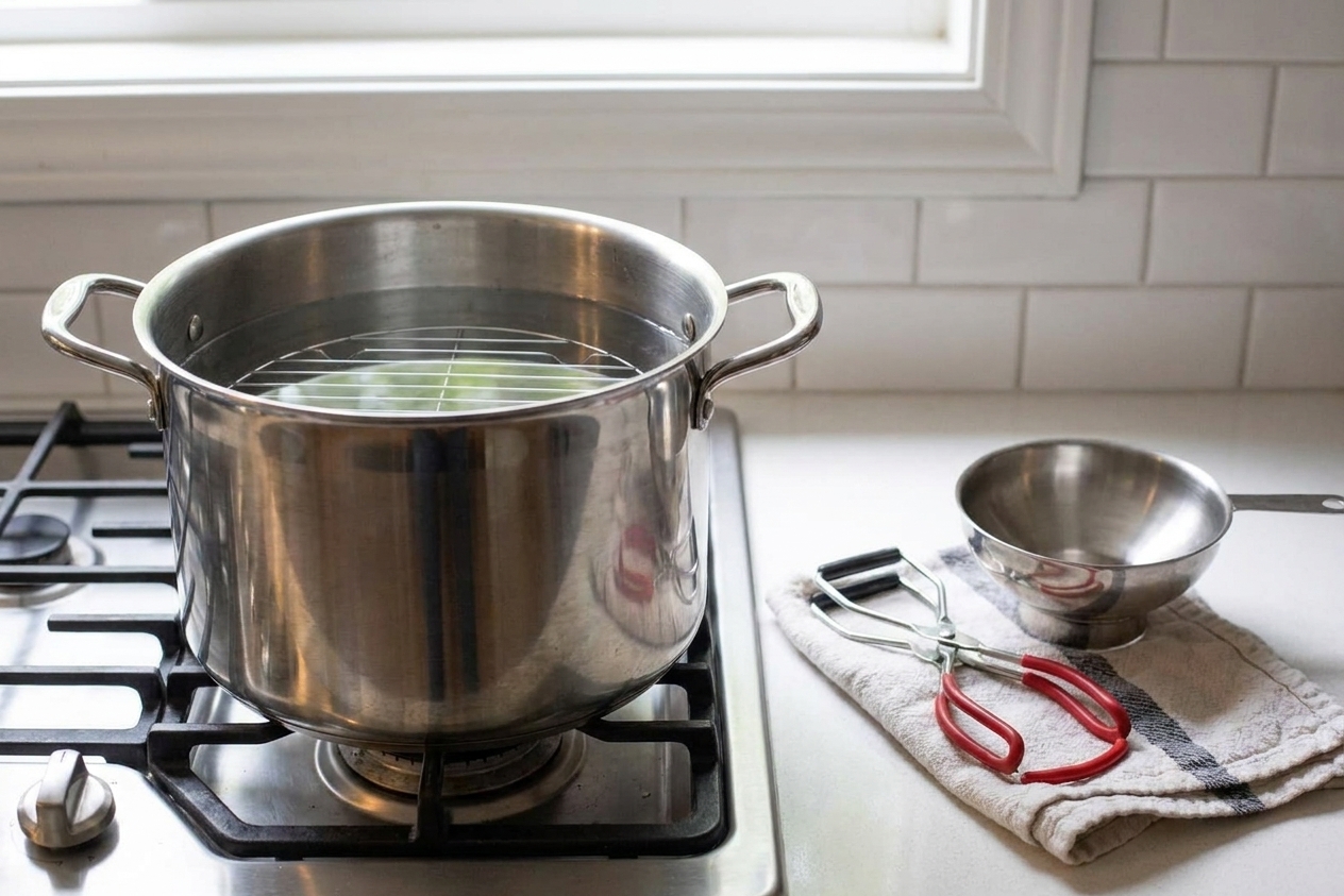 A large stockpot set up for water bath canning with a rack inside, a jar lifter and canning funnel resting on a folded towel on the counter