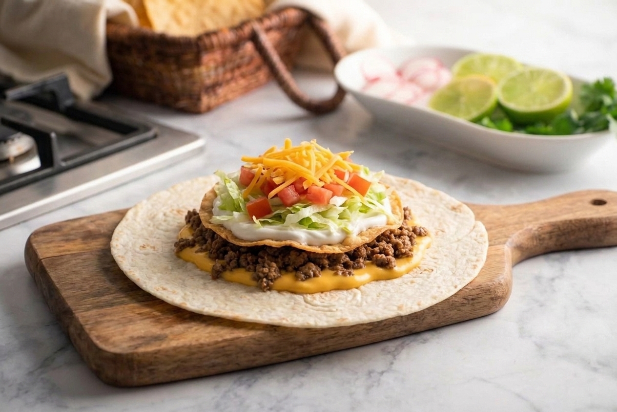 A large tortilla on a cutting board with nacho cheese, seasoned beef, shredded cheese, a tostada shell, sour cream, lettuce, and tomatoes stacked in the center