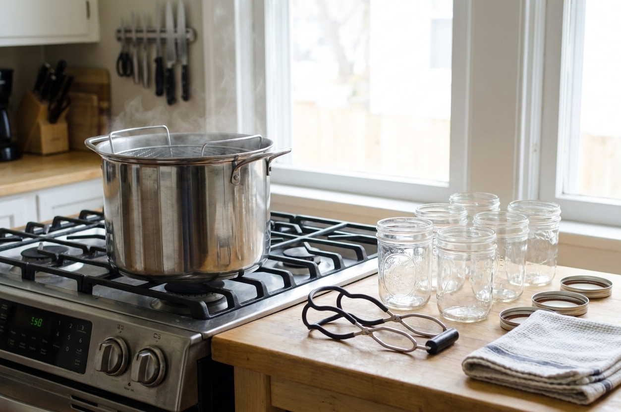A large water-bath canning pot with a jar rack on a stovetop next to a jar lifter and clean empty jars on the counter