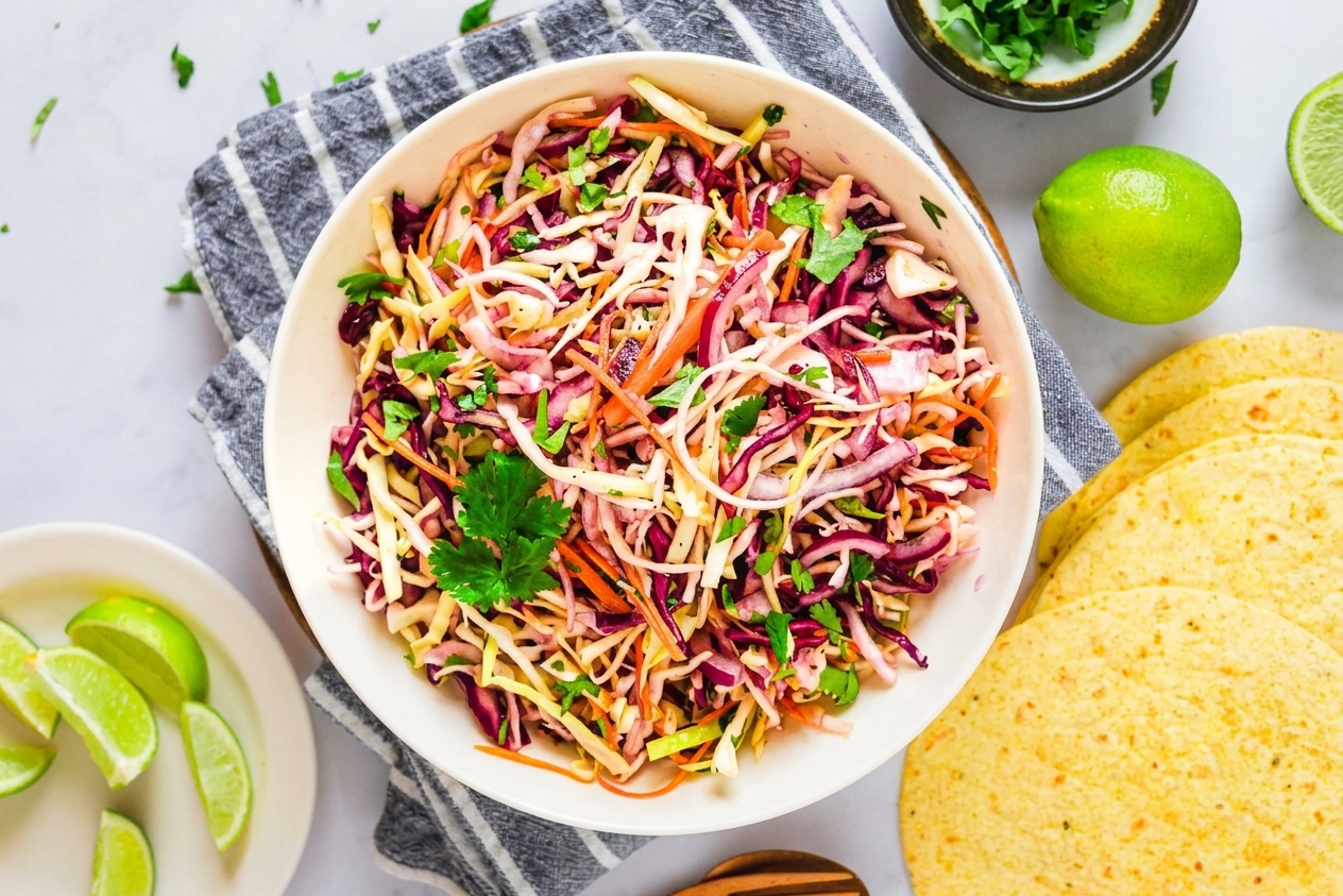 A large white bowl filled with colorful Mexican slaw made with shredded cabbage, carrots, cilantro, and a creamy lime dressing on a light kitchen counter