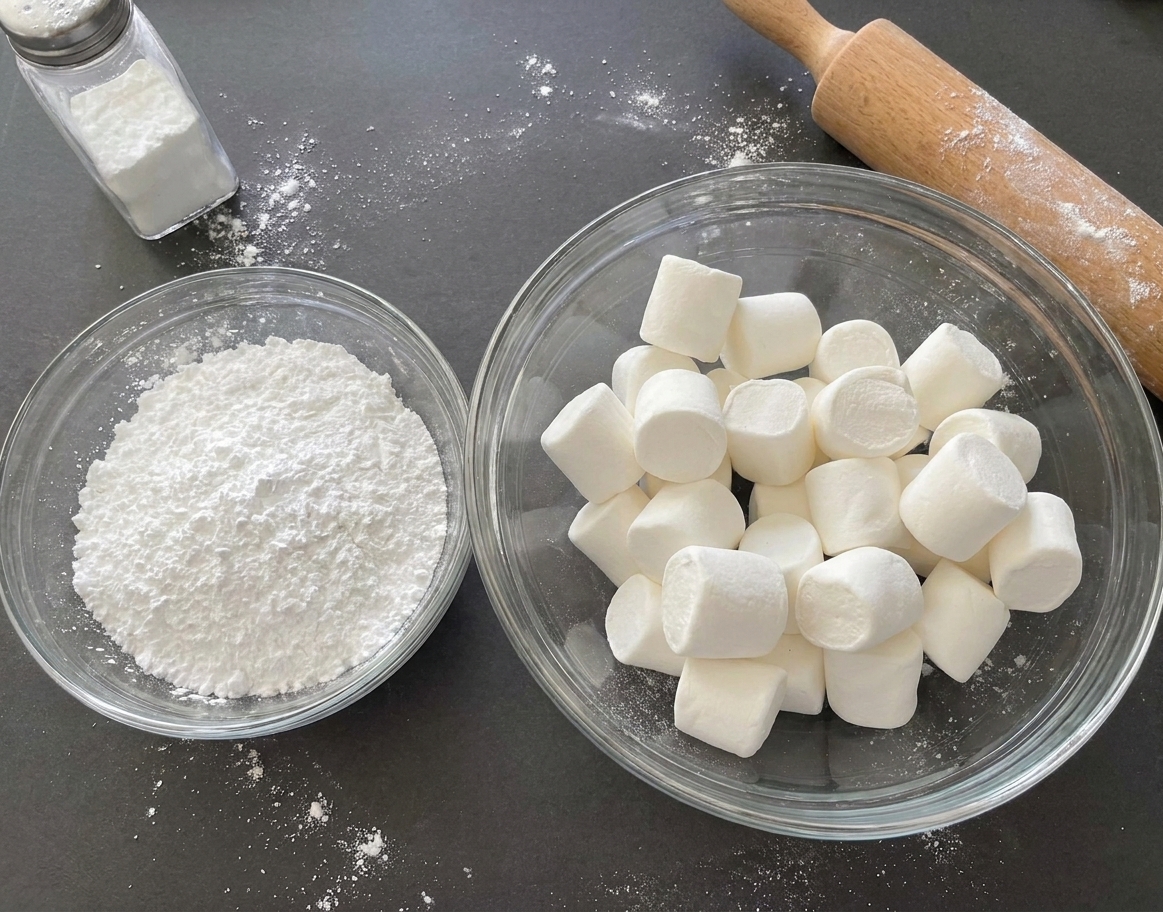 A large white bowl filled with mini marshmallows and a separate bowl of powdered sugar on a clean kitchen counter, ready for making fondant