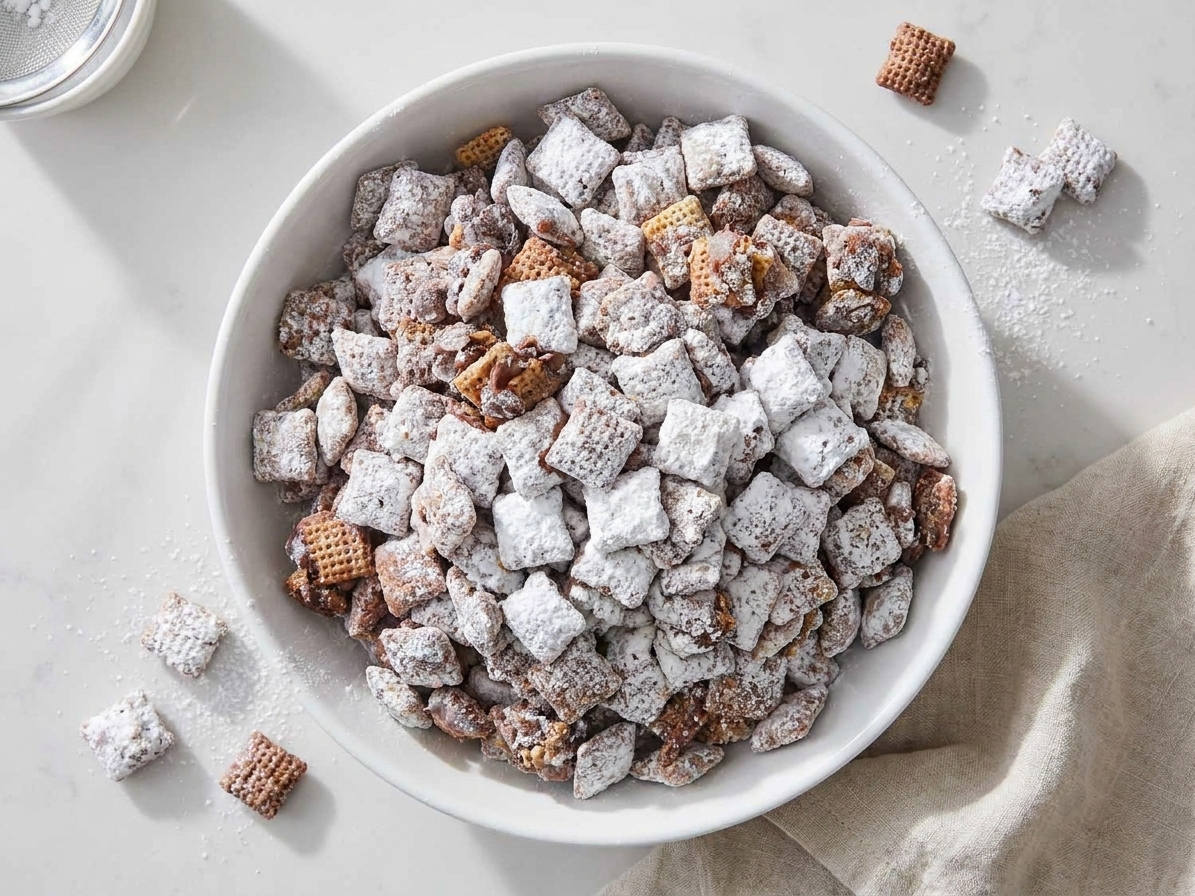 A large white serving bowl filled with Chex Muddy Buddies coated in powdered sugar on a warm, neutral kitchen counter with soft natural light