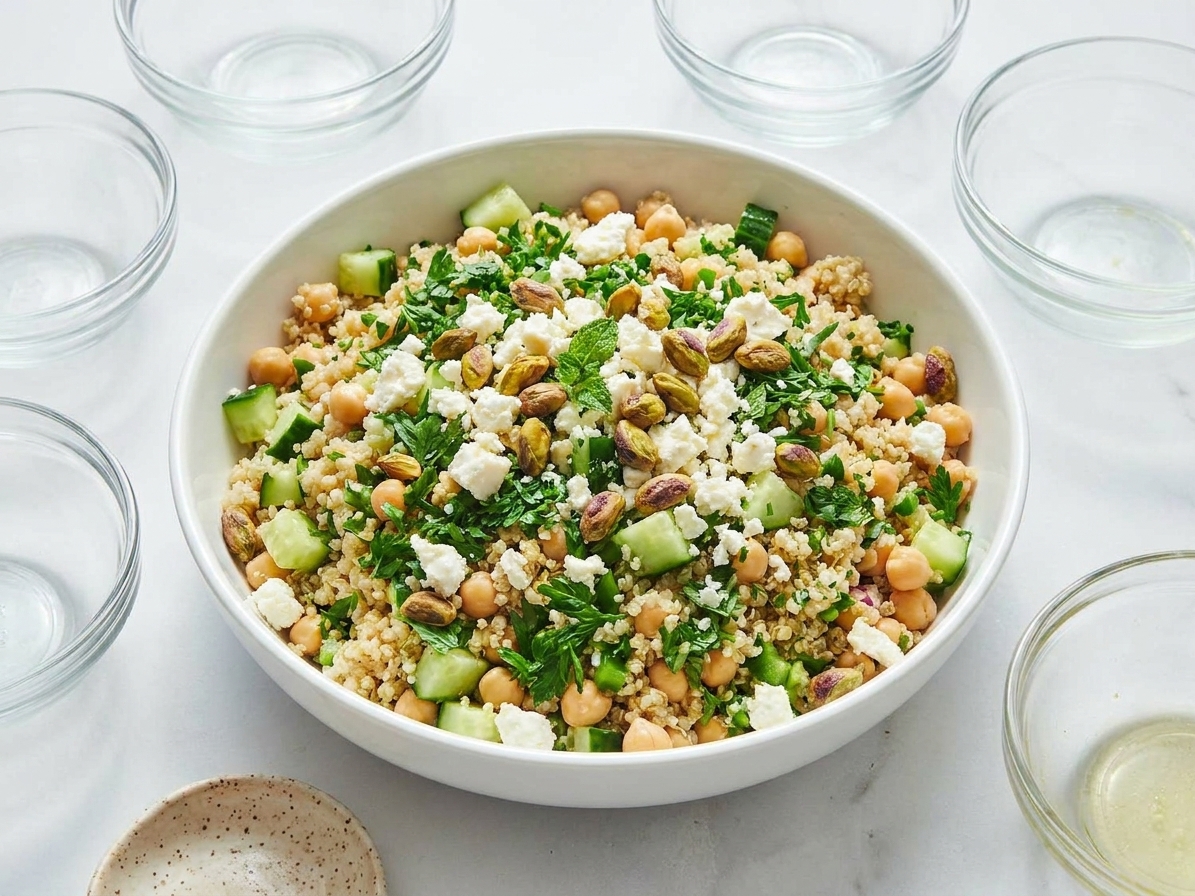 A large white serving bowl filled with quinoa salad, chickpeas, diced cucumber, chopped parsley and mint, crumbled feta, and pistachios on a bright kitchen counter