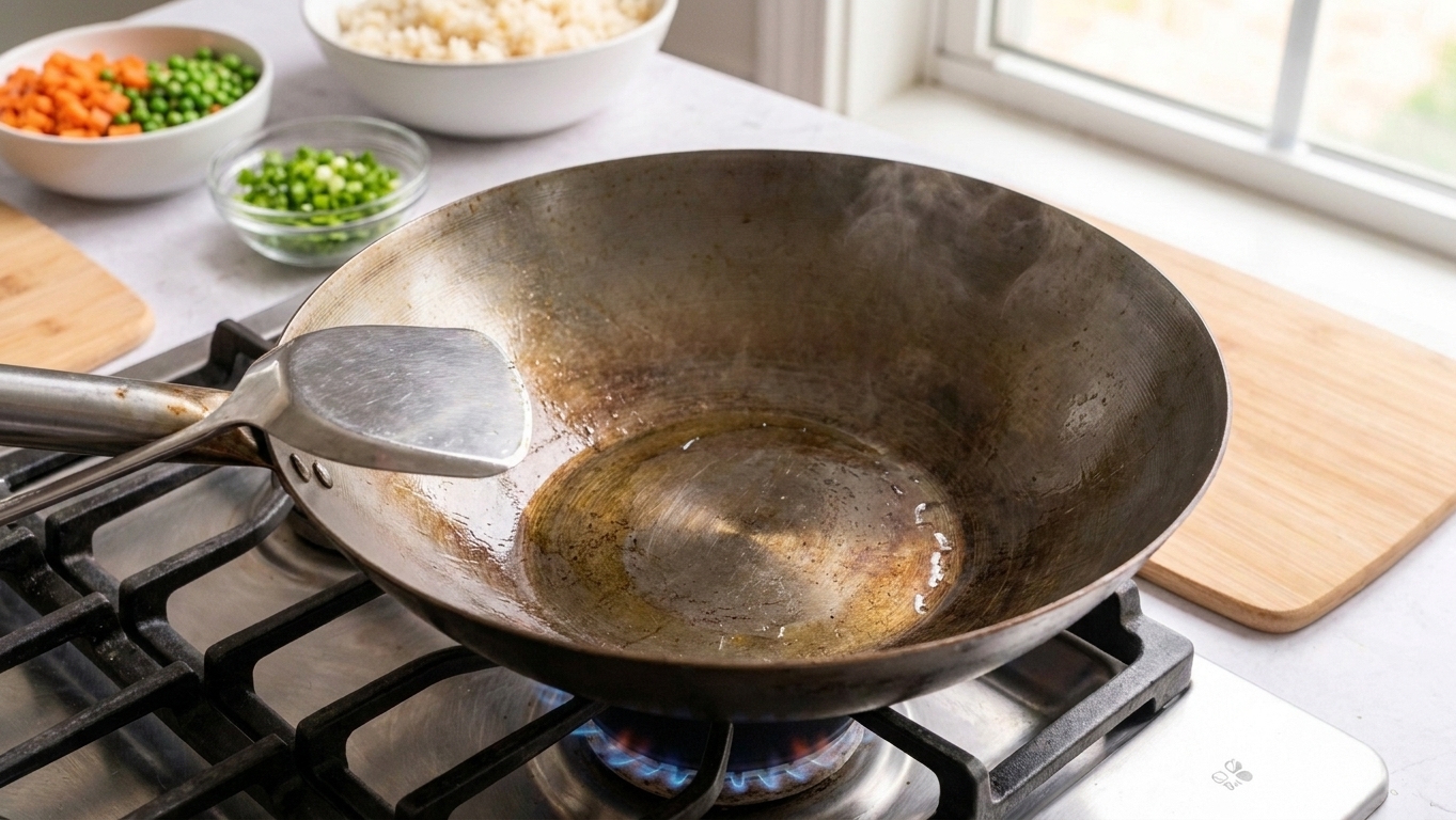 A large wok on a home stovetop with a metal spatula resting on the edge, ready for cooking fried rice