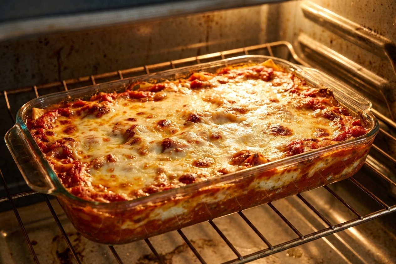 A lasagna baking in the oven with melted cheese bubbling and lightly browned on top inside a glass baking dish