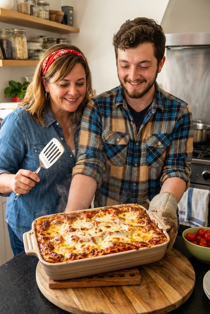 A lasagna fresh from the oven with a bubbly browned mozzarella and Parmesan topping in a baking dish