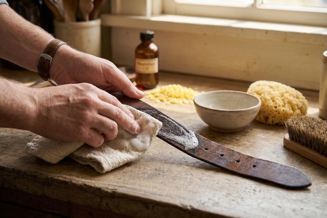 A leather strap on a kitchen counter being cleaned with a damp cloth that has light foam, showing a gentle, controlled application