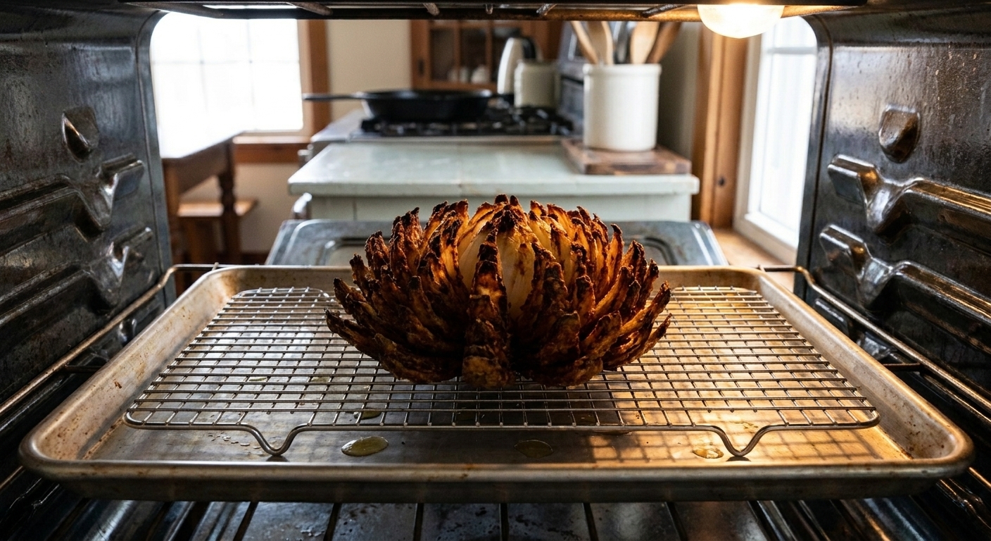 A leftover bloomin onion warming on a wire rack over a baking sheet inside a home oven, petals starting to crisp again