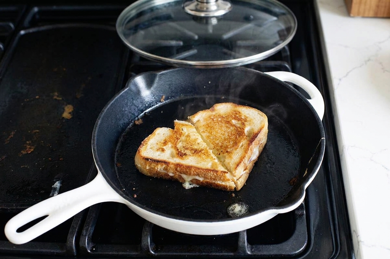 A leftover grilled cheese sandwich being reheated in a cast iron skillet with a lid nearby on a stovetop