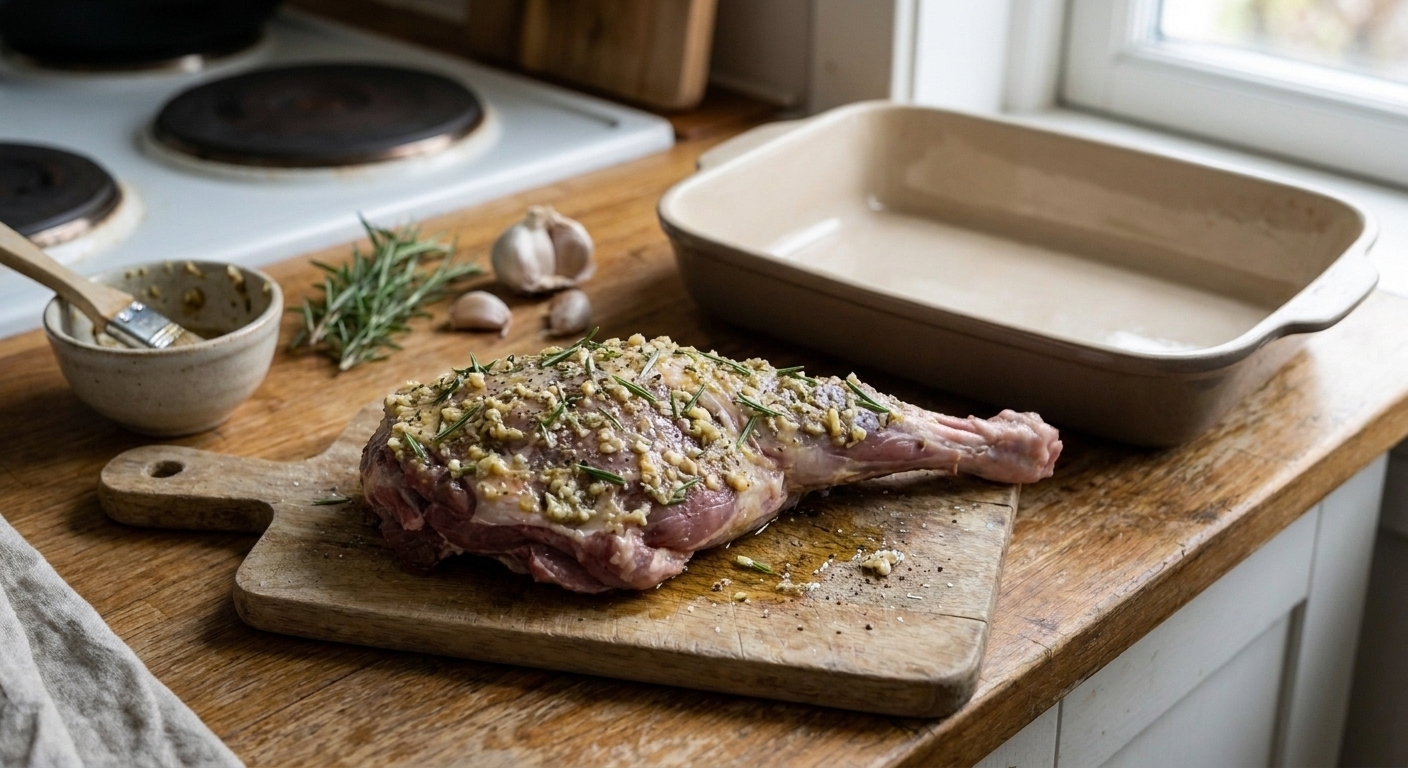 A leg of lamb coated in a garlic and rosemary paste, ready to be placed into a roasting pan