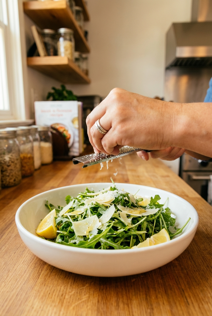A lemon arugula salad in a white bowl with shaved parmesan