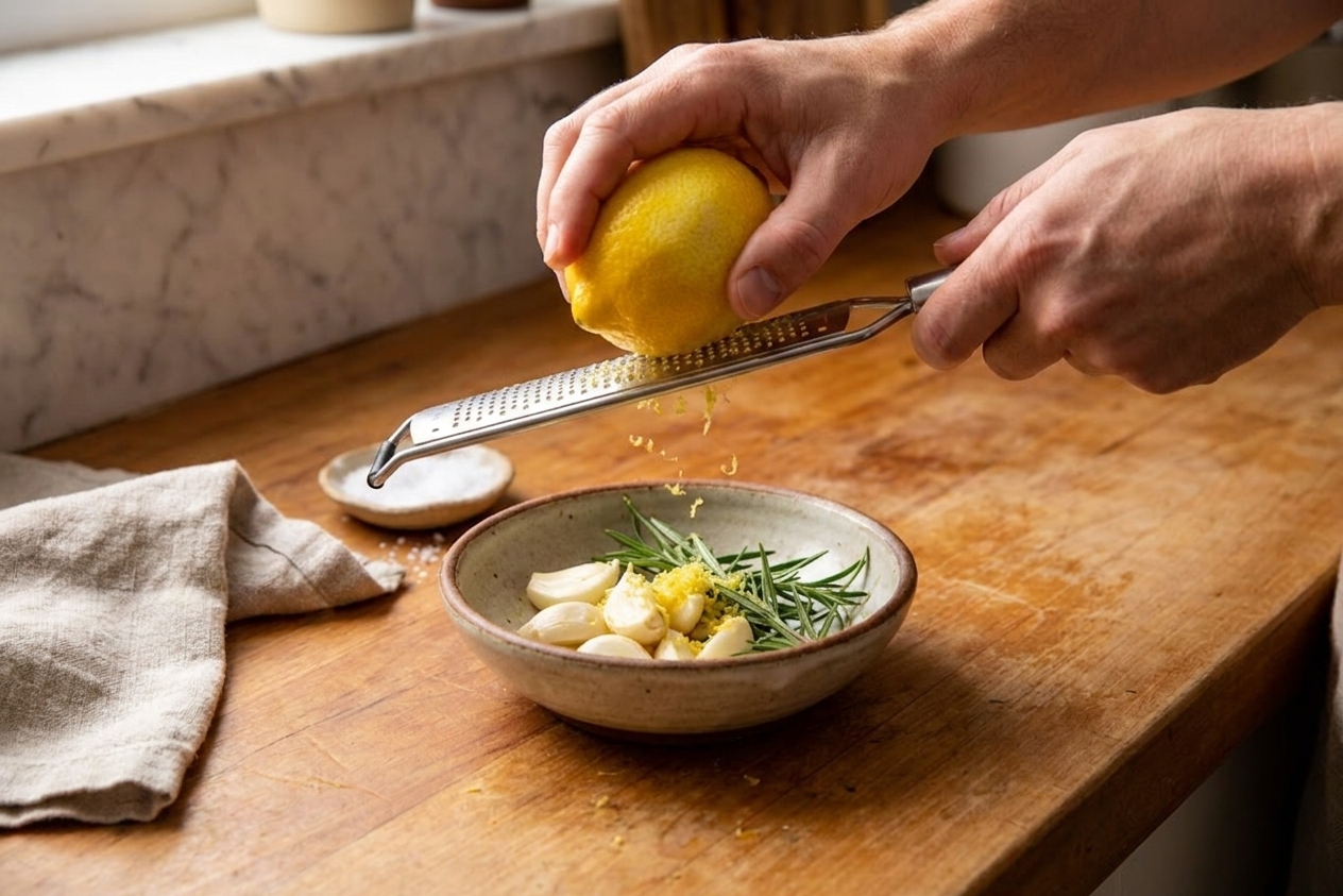 A lemon being zested over a small bowl with garlic halves and rosemary sprigs nearby on a warm, consistent kitchen countertop
