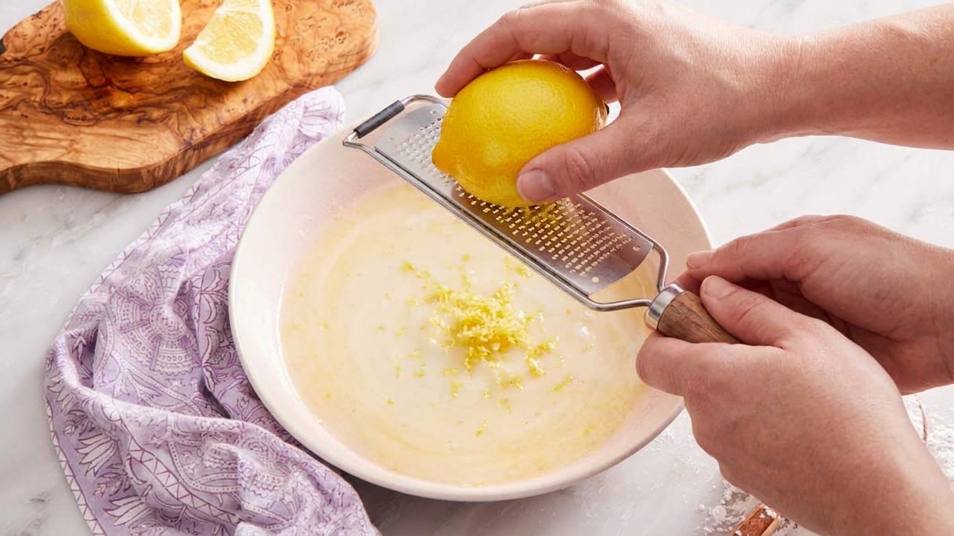 A lemon being zested with a microplane over a mixing bowl on a bright kitchen counter, with powdered sugar nearby