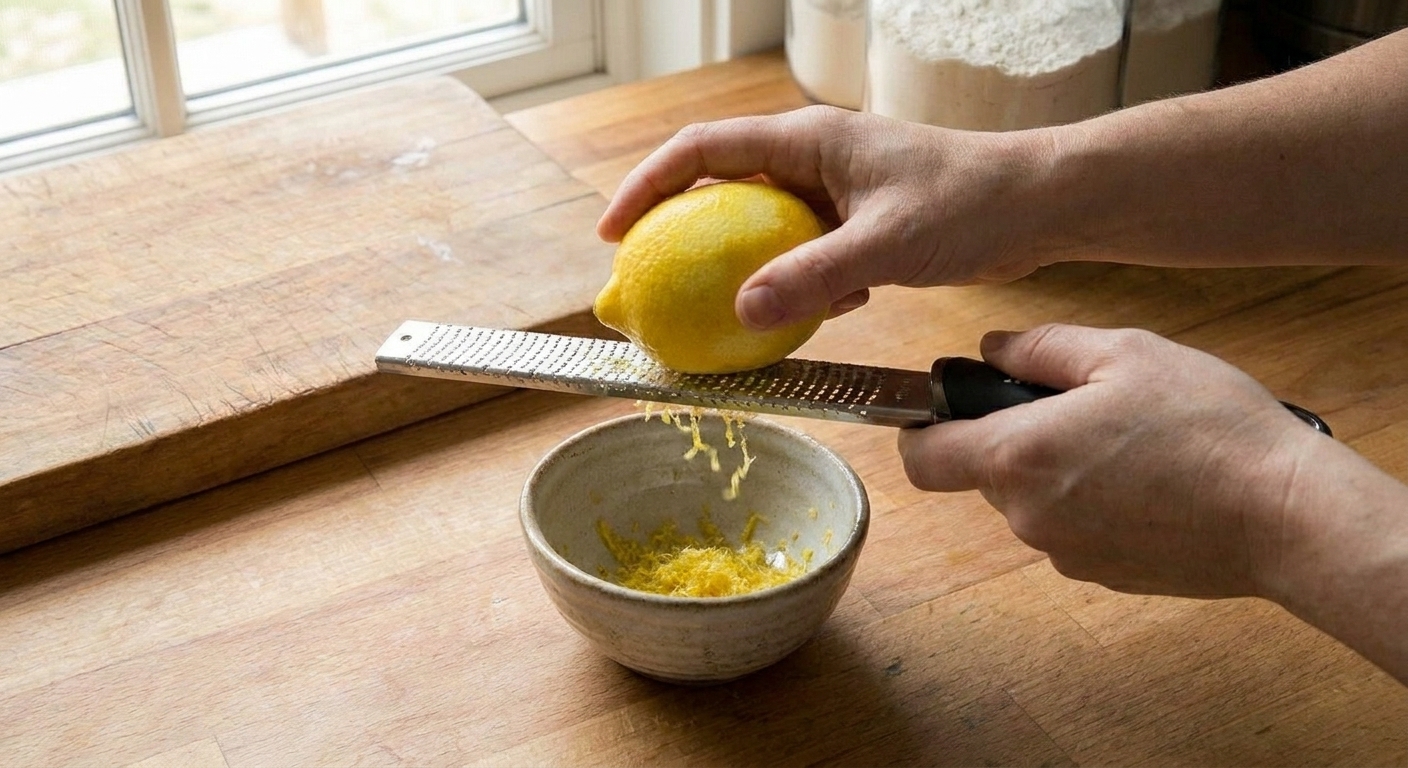 A lemon being zested with a microplane over a small bowl on a kitchen counter