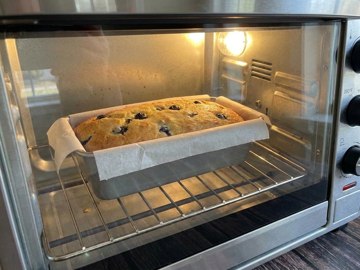 A lemon blueberry loaf cake baking in a metal loaf pan in the oven