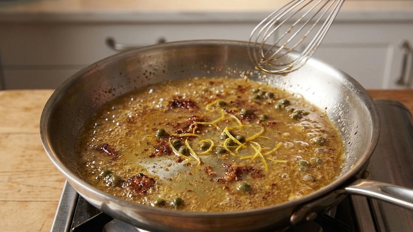 A lemon-caper pan sauce simmering gently in the same skillet as browned bits dissolve into the liquid
