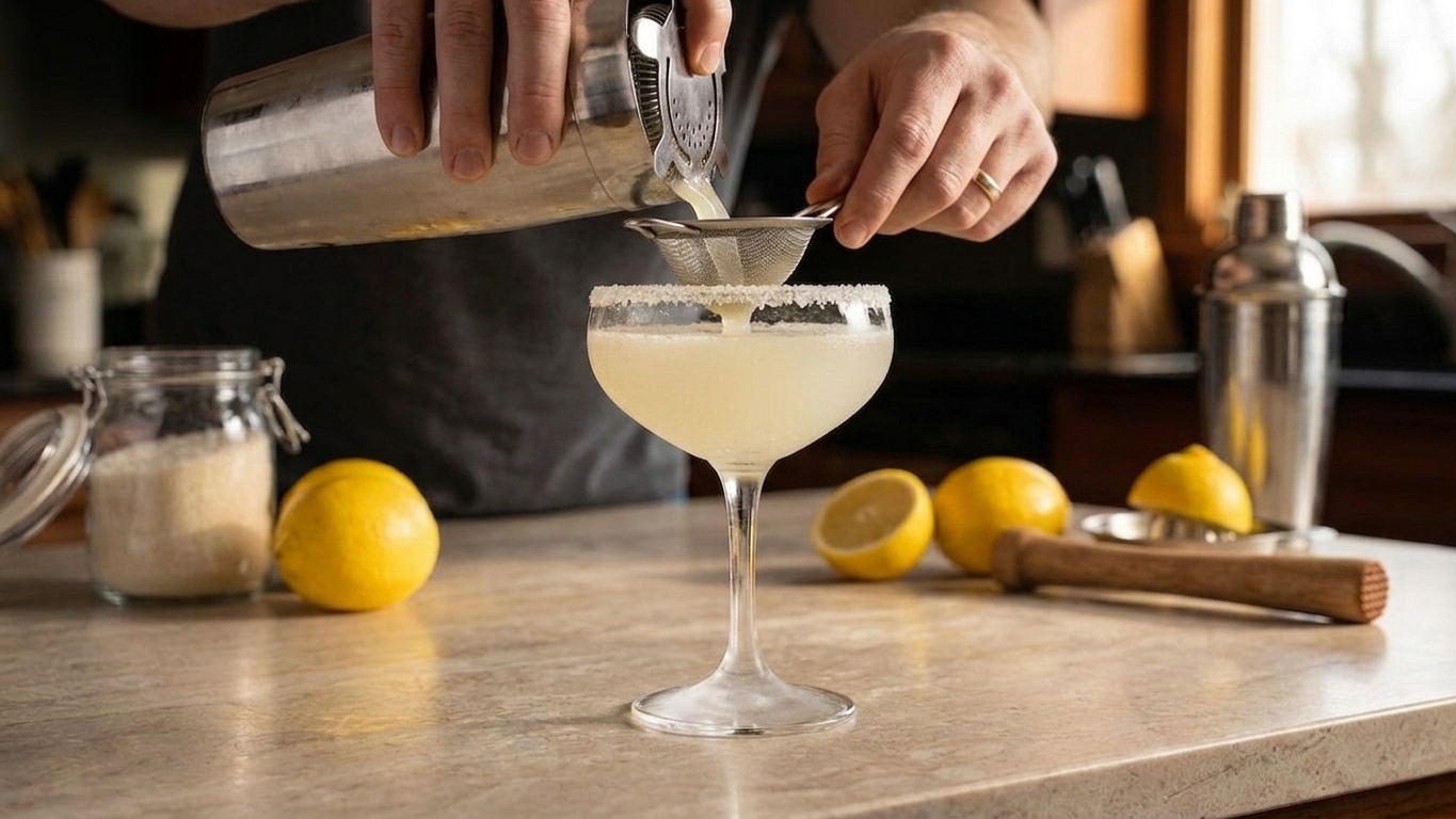 A lemon drop cocktail being strained into a chilled coupe glass with a sugar rim on a stone countertop
