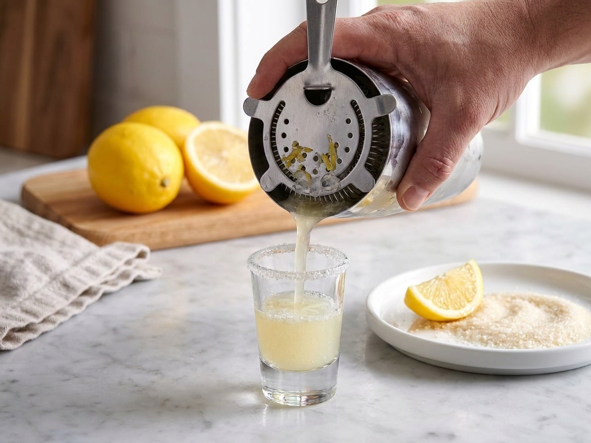A lemon drop shot being strained from a cocktail shaker into a sugared-rim shot glass, with ice visible in the shaker