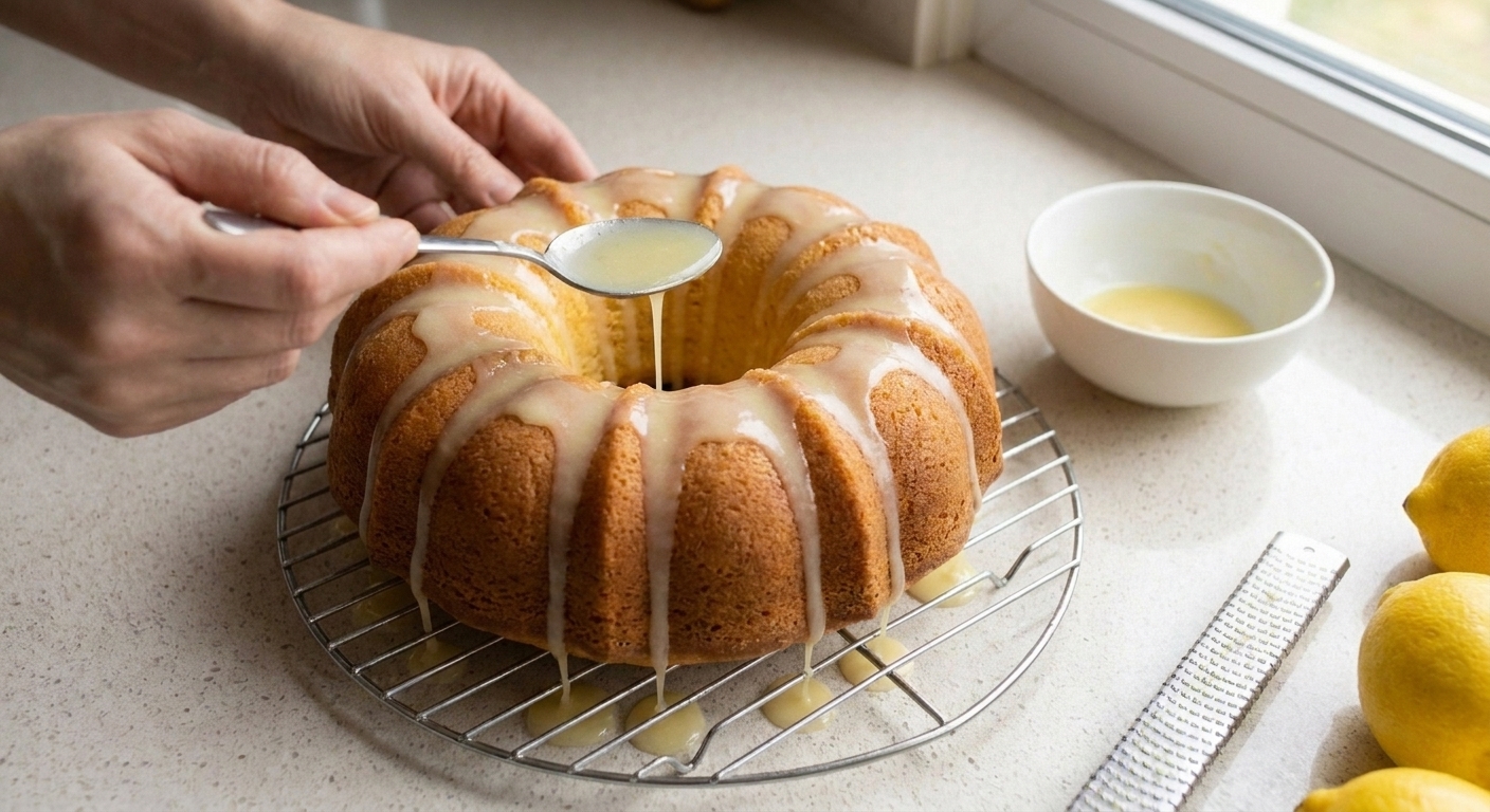 A lemon glaze being drizzled from a spoon over a Bundt cake on a wire rack, glaze running down the ridges